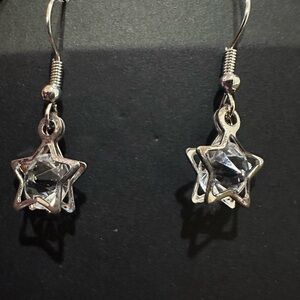 Star Rhinestone Charm Silver Tone Hook Earrings